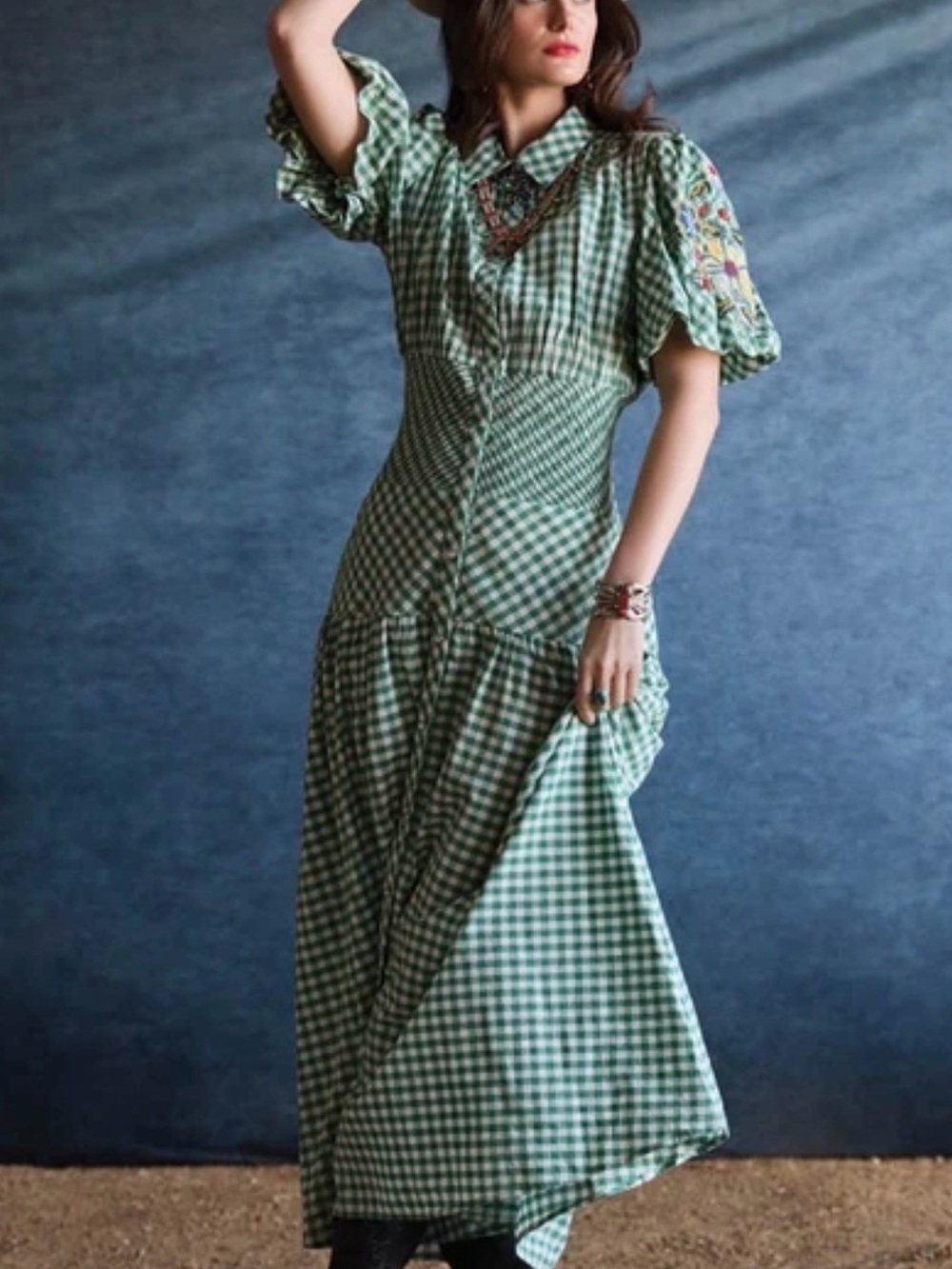 Double D Ranch Green Gingham Maxi Dress with Embroidered Puff Sleeves tea party